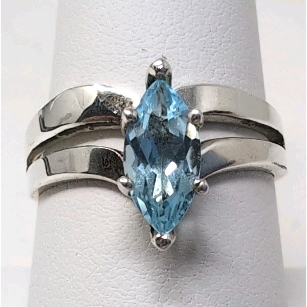 Sterling Silver 925 Marquise Blue Gemstone Solitaire Bypass Ring Size 8.5